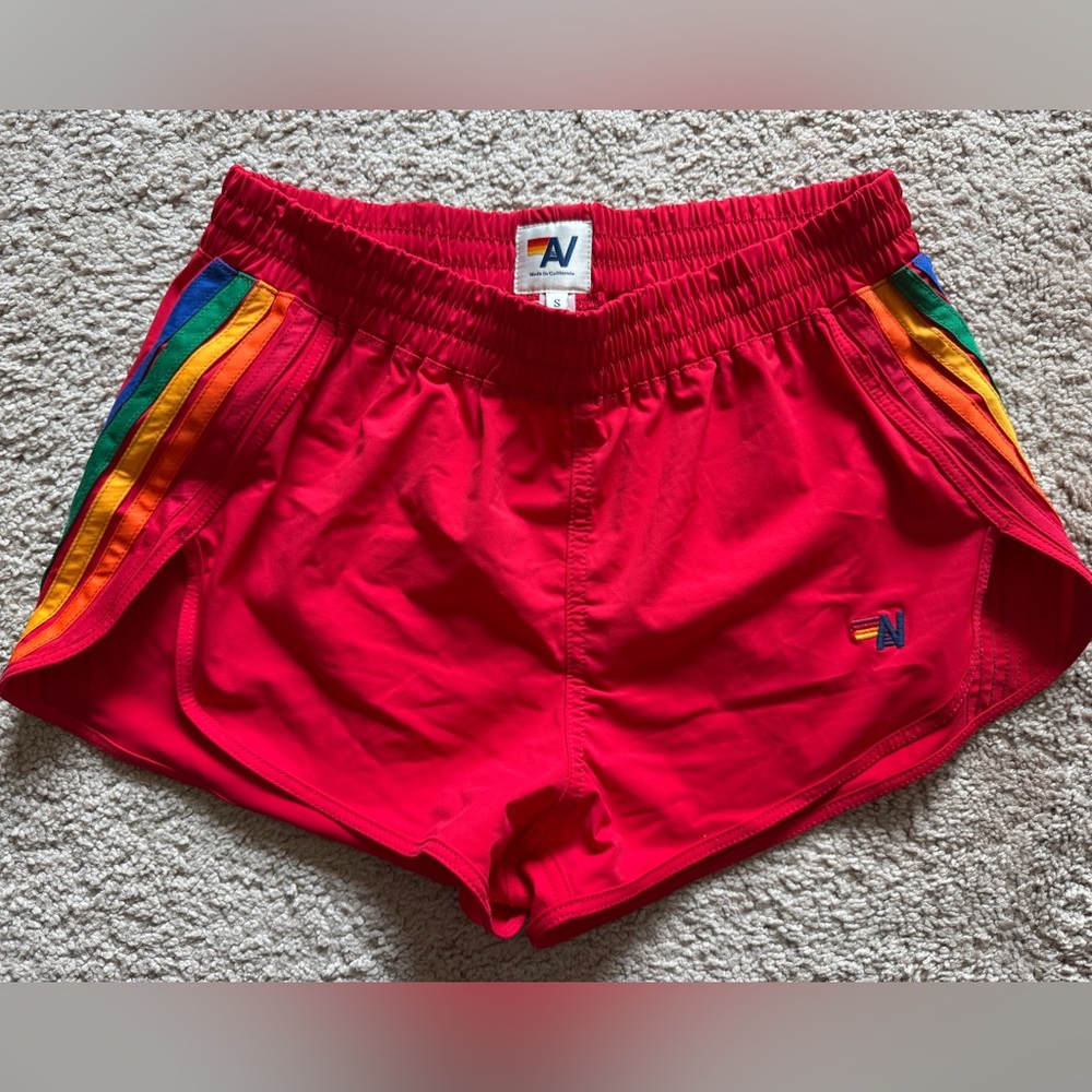 Aviator Nation Red Shorts with Rainbow Accents